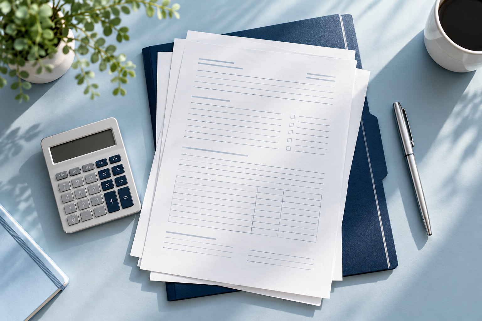 Illustrative still life of organized papers, a calculator, navy folder and pen